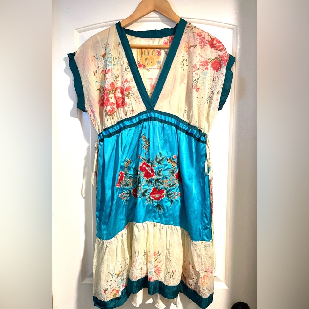 Blue Floral Silk Embroidered Johnny Was Tunic, circa 2006